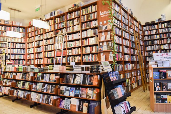 A long row of bookshelves wrapping around a few corners in a zigzag shape. Ladders on two sides of the shelves.