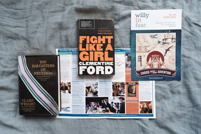 Willy Lit Fest: Top nonfiction picks, featuring You Daughters of Freedom by Claire Wright on the left and Fight Like a Girl by Clementine Ford in the center, and the Willy Lit Fest program guide.