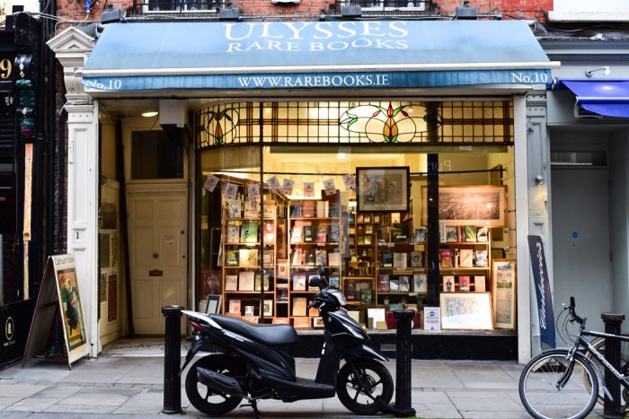 A scooter parked out the front of Ulysses Rare Books, a secondhand bookshop in Dublin