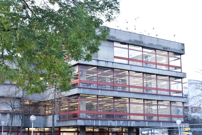 Exterior of Cologne library which is three floors high.