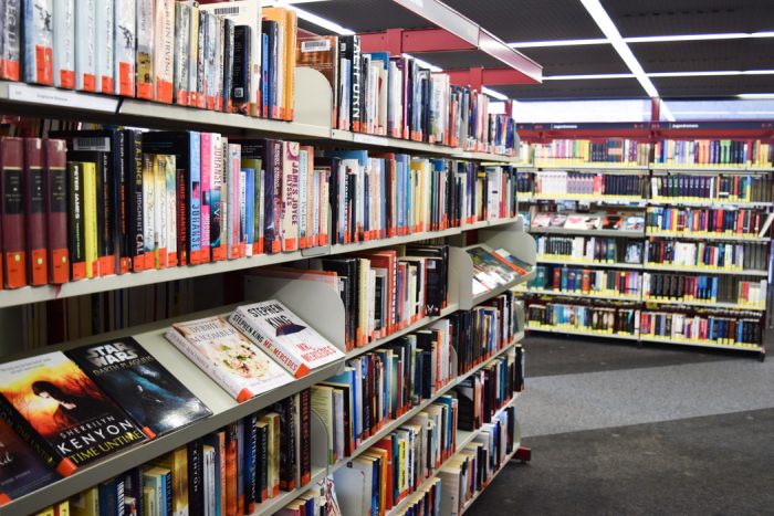 Bookshelves inside the Cologne library.