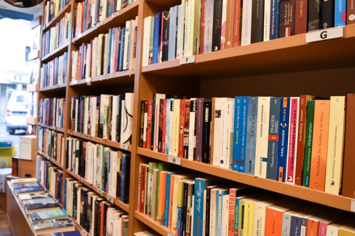 Interior of Oxfam bookshop in Frankfurt with a range of secondhand books for sale