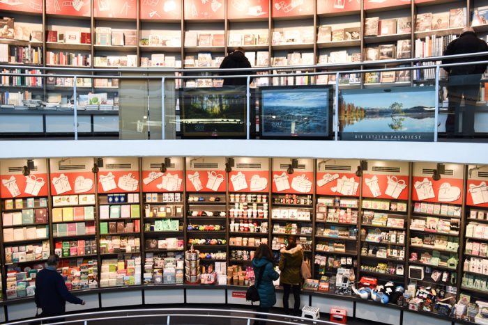 Curved wall display inside Hugendubel bookshop