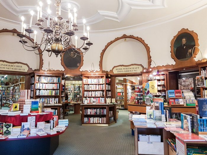 The interior of OBV, with art nouveau ceilings and archways leading into various other rooms with different book genres and themes. Lots of bookshelves and tables covered with books.