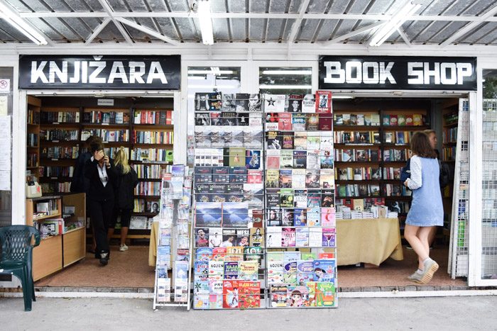 Book Lover's Guide to Montenegro, Budva waterfront bookshop store front.